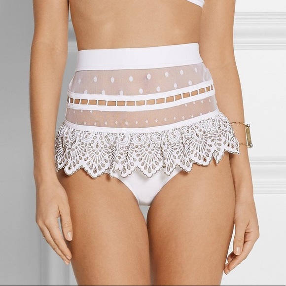 ZIMMERMANN White Riot Mesh Paneled Ruffle Bikini Bottoms - Picture 2 of 8